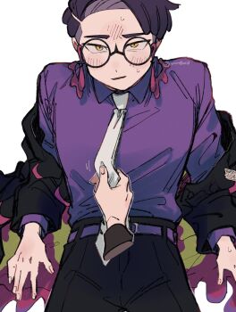 1boy black_pants clothes_grab collarbone commentary_request corbeau_(pokemon) disembodied_hand embarrassed glasses highres long_sleeves looking_at_viewer male_focus necktie necktie_grab neckwear_grab nintendo pants pokemon pokemon_legends:_z-a purple_shirt round_eyewear shirt short_hair simple_background sitting slit_pupils solo_focus undercut white_necktie yellow_eyes yuu_(yuuka_8018)