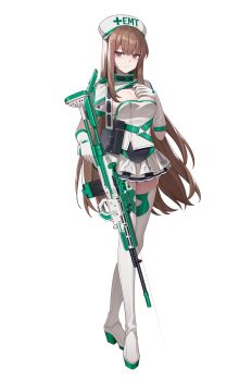 1girl absurdres black_dress boots breasts brown_hair cleavage commentary_request dress full_body gloves green_boots green_dress green_gloves green_hat gun hand_on_own_chest hand_up hat highres holding holding_gun holding_weapon large_breasts long_hair multicolored_boots multicolored_dress multicolored_gloves multicolored_hat original red_eyes simple_background solo tachi-e thigh_boots thighhighs thighs transparent_background two-tone_boots two-tone_gloves two-tone_hat weapon white_boots white_dress white_gloves white_hat wuren zettai_ryouiki