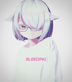 1girl androgynous bright_pupils colored_eyelashes commentary cutout_eyelashes english_text glasses hair_ears hair_ornament hair_over_one_eye hairclip highres hitnex j-core kobaryo looking_at_viewer official_art parallel_hairclips purple_eyes shinonome_interface shirt short_hair simple_background solo upper_body white_background white_eyelashes white_hair white_pupils white_shirt white_theme