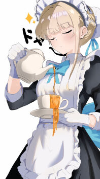 1girl apron black_dress black_ribbon blonde_hair blue_archive blue_bow blue_bowtie blunt_bangs blush bow bowtie braid bun_cover closed_eyes closed_mouth commentary_request cowboy_shot cup doyagao dress frilled_apron frills gloves hair_bun hair_intakes hair_ribbon half_up_braid highres holding holding_teapot juliet_sleeves karaage_nyotaimori long_sleeves maid maid_apron maid_headdress medium_hair pouring puffy_sleeves ribbon sidelocks simple_background single_hair_bun smug solo sparkle tea teacup teapot toki_(blue_archive) white_apron white_background white_gloves you're_doing_it_wrong