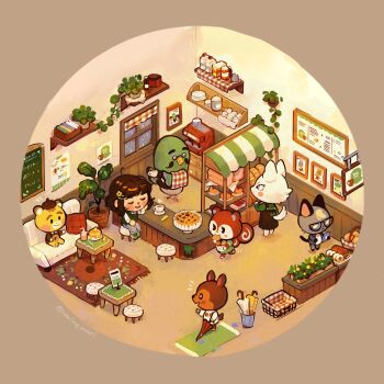 Rule 34 | 3boys, 3girls, :<, absurdly detailed composition, animal crossing, animal crossing: new horizons, artist name, basket, bear boy, beret, bird boy, black-framed eyewear, black dress, black eyes, blue jacket, blue pants, blush stickers, bread, bread bun, brewster (animal crossing), bright pupils, brown background, brown eyes, brown hair, brown hat, brown shirt, bucket, candy, cat boy, cellphone, chalkboard, cherry, cherry pie, closed eyes, closed mouth, closed umbrella, coffee, coffee maker, collared shirt, commentary, couch, counter, cup, deer girl, display case, donut, doormat, dress, eating, elbow rest, english commentary, facial hair, fauna (animal crossing), floral print, flower, planter, flower pot, food, food in mouth, fruit, furry, furry female, furry male, glasses, green dress, green eyes, green footwear, green shirt, green vest, hair flower, hair ornament, hairclip, hat, head rest, heart, heterochromia, highres, holding, holding food, holding phone, holding umbrella, indoors, jacket, jar, loaded interior, loaf of bread, long sleeves, looking at another, looking to the side, marty (animal crossing), menu board, mug, multiple boys, multiple girls, mustache, nintendo, notice lines, on couch, open clothes, open jacket, open mouth, pancake, pants, phone, picture frame, pie, pillow, pinafore dress, plant, plate, poppy (animal crossing), potted plant, puffy short sleeves, puffy sleeves, raymond (animal crossing), red umbrella, round eyewear, rug, saucer, shelf, shirt, shoes, short hair, short sleeves, sign, simple background, sitting, sleeveless, sleeveless dress, smartphone, smile, solid oval eyes, squirrel girl, standing, stool, sweater, table, towel, towel on arm, twitter username, u u, umbrella, umino-mari, vest, villager (animal crossing), walking, white pupils, white shirt, white sweater, white umbrella, whitney (animal crossing), window, wolf girl, yellow flower, yellow umbrella