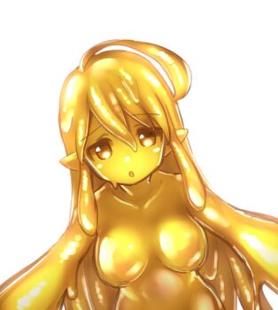 Rule 34 | blonde hair, breasts, colored skin, kai himo, medium breasts, monster girl, no nipples, pointy ears, slime girl, yellow eyes, yellow skin