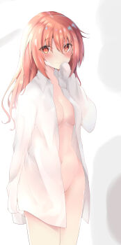 Rule 34 | 1girl, 3:, absurdres, alternate costume, alternate hairstyle, arm behind back, blush, boyfriend's shirt, breasts, cleavage, closed mouth, collared shirt, commentary request, cowboy shot, dress shirt, eyelashes, eyes visible through hair, frown, furrowed brow, groin, hair between eyes, hair down, hand up, highres, inaba meguru, long hair, looking at viewer, medium breasts, naked shirt, navel, open clothes, open shirt, orange hair, purunyara, red eyes, sanoba witch, shirt, sidelocks, simple background, sleeves past fingers, sleeves past wrists, solo, stomach, white background, white shirt