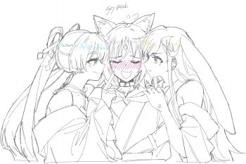 Rule 34 | 3girls, animal ears, blush, cheek poking, cho kaguya-hime!, choker, commentary, crescent, crescent hair ornament, dumd, english commentary, english text, forehead jewel, fox ears, girl sandwich, greyscale, hair ornament, hair rings, hair stick, hand on another's shoulder, japanese clothes, kaguya (cho kaguya-hime!), kimono, monochrome, multiple girls, open mouth, poking, rabbit ears, runami yachiyo, sakayori iroha, sandwiched, sweat, twintails, yuri