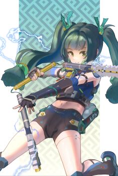 Rule 34 | 1girl, absurdres, android, black boots, black gloves, black shorts, boots, braid, braided sidelocks, commentary request, electricity, fingerless gloves, foot out of frame, galaxy july, gloves, green eyes, green hair, hair ornament, highres, holding, holding staff, knee pads, long hair, looking at viewer, midriff, navel, outside border, pillarboxed, police, police uniform, qingyi (zenless zone zero), revision, shorts, side braids, simple background, solo, sphere hair ornament, staff, three section staff, twintails, zenless zone zero