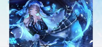 1girl artist_request baby_animal bare_shoulders bird black_dress black_veil blue_background blue_eyes blue_flower blue_ribbon blue_veil breast_cutout breasts brown_hair cleavage closed_mouth collarbone cross cross_necklace detached_sleeves dress duck duckling flower garter_belt garter_straps highres interlocked_fingers jewelry long_hair long_sleeves looking_at_viewer necklace nun own_hands_clasped own_hands_together palms_together praying ribbon solo source_request veil