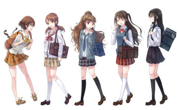 10s 5girls :d ^_^ backpack bag black_socks brown_eyes brown_hair closed_eyes dress_shirt flying_sweatdrops from_side green_eyes highres hojo_karen honda_mio hood hoodie idolmaster idolmaster_cinderella_girls kamiya_nao kneehighs loafers long_hair multiple_girls necktie no_socks open_clothes open_hoodie open_mouth plaid_clothes plaid_skirt pleated_skirt red_eyes school_bag school_uniform shibuya_rin shimamura_uzuki shirt shoes short_hair side_ponytail simple_background skirt sleeves_pushed_up smile sneakers socks sweater_vest white_legwear yakka