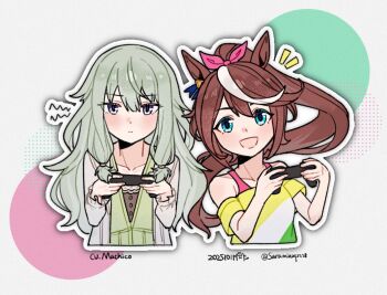 2girls animal animal_ears bare_shoulders blue_eyes bow breasts brown_hair buttons camisole cardigan casual collarbone commentary_request dated ear_ornament earrings green_cardigan green_hair hair_between_eyes hair_flaps handheld_game_console highres holding holding_handheld_game_console horse_ears horse_girl jewelry kusanagi_nene lace-trimmed_camisole lace_trim layered_clothes long_hair low-tied_long_hair multicolored_hair multiple_girls navel off-shoulder_shirt off_shoulder open_clothes open_mouth pink_bow pink_sports_bra playing_games ponytail project_sekai purple_eyes machico_(voice_actor) saramiao-chan shirt short_sleeves small_breasts smile sports_bra streaked_hair striped_clothes striped_shirt tokai_teio_(casual)_(umamusume) tokai_teio_(umamusume) translation_request twitter_username umamusume upper_body voice_actor_connection yellow_shirt