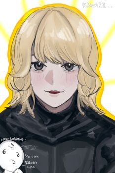 1girl 1other :3 absurdres aegyo_sal artist_self-insert black_eyes black_shirt blonde_hair blush commentary_request highres mole mole_above_mouth open_mouth outline real_life sasaki_rico_(voice_actor) shirt voice_actor yellow_outline yu_ux_xy