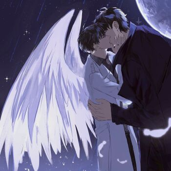 Rule 34 | 2boys, 8d2suga9, black coat, black hair, black shirt, closed eyes, coat, collared shirt, cowboy shot, falling feathers, feathered wings, feathers, hand on another's face, highres, kim dokja, kiss, meteor shower, moon, multiple boys, night, omniscient reader's viewpoint, open clothes, open coat, popped collar, shirt, short hair, white coat, white wings, wings, yaoi, yoo joonghyuk