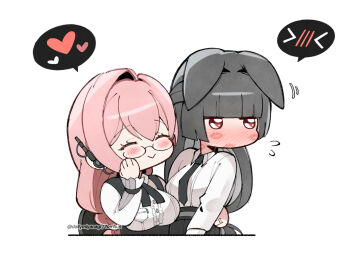 2girls animal_ears artist_name black_hair black_necktie black_skirt blunt_bangs blush breasts chair chibi closed_eyes closed_mouth commentary couple dailymiyanagi dress_shirt english_commentary fox_ears fox_girl hair_between_eyes hand_on_another&#039;s_hip heart high-waist_skirt hoshimi_miyabi jewelry large_breasts lipstick_mark lipstick_mark_on_face lipstick_mark_on_neck long_hair multiple_girls necktie office_chair pencil_skirt pink_hair red_eyes ring shirt sidelocks simple_background sitting sitting_on_lap sitting_on_person skirt smile speech_bubble swivel_chair tsukishiro_yanagi white_background white_shirt yuri zenless_zone_zero