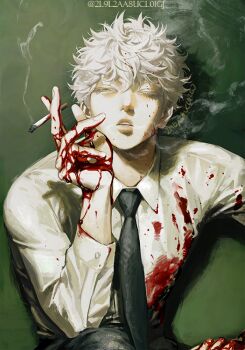 1boy black_necktie blackbox_(blackbox9158) blank_stare bleeding blood blood_on_clothes blood_on_face blood_on_hands blood_splatter cigarette cowboy_shot curly_hair elbow_on_knee facing_viewer hand_on_knees hand_up head_tilt holding holding_cigarette knee_up male_focus messy_hair necktie original parted_lips shirt short_hair sitting smoke smoke_trail smoking solo stoned white_hair white_shirt yellow_eyes