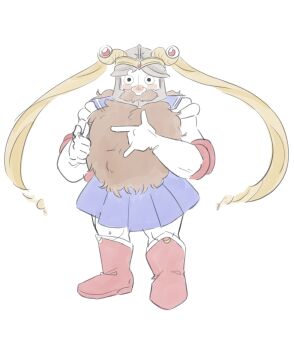 1boy absurdres beard bishoujo_senshi_sailor_moon blonde_hair blue_sailor_collar blue_skirt boots brown_facial_hair brown_hair circlet commentary cosplay crossdressing crossdressing_(mtf) dungeon_meshi elbow_gloves english_commentary facial_hair fake_horns gloves helmet highres horned_helmet horns knee_boots long_beard m/ mercuri0ff pleated_skirt red_boots sailor_collar sailor_moon sailor_moon_(cosplay) sailor_senshi_uniform senshi_(dungeon_meshi) simple_background skirt solo tsuki_ni_kawatte_oshioki_yo twintails very_long_beard white_background