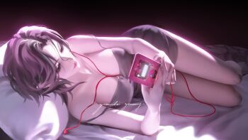 1girl absurdres bare_shoulders barefoot bed_sheet black_hair breasts cellphone character_request chinese_commentary cleavage commentary_request double_strap_slip dress earphones flip_phone full_body garlic_gummy head_on_pillow heart highres holding holding_phone large_breasts lipstick looking_at_phone lying makeup on_side path_to_nowhere phone pillow purple_lips short_dress short_hair single_earphone_removed sleeveless sleeveless_dress solo spaghetti_strap strap_slip variant_set