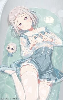 1girl absurdres bathtub blue_eyes blue_ribbon blue_skirt blush bra bra_visible_through_clothes braid character_doll closed_mouth clothed_bath doll embarrassed frilled_shirt frilled_skirt frills from_above gakuen_idolmaster grey_hair hair_ribbon half_up_braid heart heart-shaped_pupils heart_hands high-waist_skirt highres hmax idolmaster jirai_kei katsuragi_lilja long_sleeves looking_at_viewer lying on_back partially_submerged ribbon ribbon_braid sailor_collar see-through_clothes see-through_legwear see-through_shirt shirt shiun_sumika short_hair skirt solo stuffed_toy symbol-shaped_pupils thighhighs underwear wet wet_clothes wet_hair wet_shirt wet_skirt wet_thighhighs white_bra white_sailor_collar white_shirt white_thighhighs