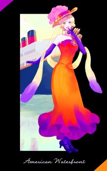 1girl blonde_hair curly_hair disneyland dress fashionable_easter full_body gloria_de_mode gloves hair_ornament hat highres looking_at_viewer nerigoma open_mouth orange_dress short_hair simple_background smile solo top_hat