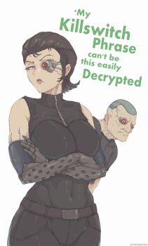 1boy 1girl anna_navarre artificial_eye black_bodysuit blue_eyes bodysuit breasts brown_hair can&#039;t_be_this_cute commentary covered_navel crossed_arms cyborg deus_ex deus_ex_(2000) english_commentary english_text gameplay_mechanics gunther_hermann hair_slicked_back heterochromia large_breasts linea_alba mechanical_arms mechanical_eye ore_no_imouto_ga_konna_ni_kawaii_wake_ga_nai parody red_eyes short_hair sleeveless solo_focus sweatdrop tyrone zipper