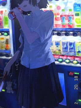 1girl bag bag_charm black_eyes black_hair black_skirt can charm_(object) collared_shirt cowboy_shot hair_over_eyes hair_over_one_eye holding holding_can looking_at_viewer open_mouth original outdoors pleated_skirt school_bag school_uniform shirt short_hair short_sleeves shoulder_bag skirt smile solo standing utwob0 vending_machine vhs_artifacts white_shirt