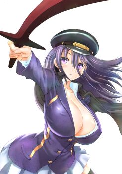 1girl absurdres blush breasts cleavage cloak closed_mouth collarbone collared_shirt commentary_request covered_erect_nipples hair_between_eyes hat highres holding holding_sword holding_weapon jacket kido_ayame_(kimi_wa_008) kimi_wa_008 large_breasts long_hair looking_at_viewer matsuena_shun miniskirt official_art outstretched_arm partially_unbuttoned pleated_skirt purple_eyes purple_hair school_uniform shirt skirt solo standing sword weapon white_background white_shirt