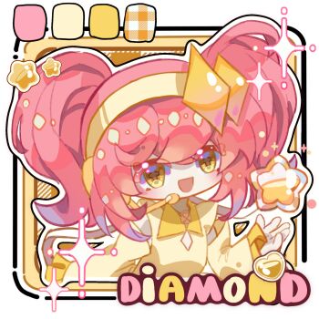 +_+ 1girl above-cleavage_cutout amulet_dia bare_shoulders border character_name chibi chinese_commentary clothing_cutout collared_shirt color_guide commentary_request detached_sleeves diamond_cutout diamond_hair_ornament eyelashes eyes_visible_through_hair frilled_sleeves frills hair_between_eyes happy headphones headset highres hinamori_amu humpty_lock_(shugo_chara!) idol light_blush long_sleeves looking_at_viewer magical_girl medium_hair object_floating_above_hand open_mouth outline outside_border outstretched_hand picture_frame pink_hair plaid_background shirt short_twintails shugo_chara! sleeveless sleeveless_shirt sleeves_past_wrists smile solo star_(symbol) twintails upper_body wavy_hair white_border white_outline wide_sleeves yanshuangjun yellow_background yellow_eyes yellow_shirt yellow_sleeves