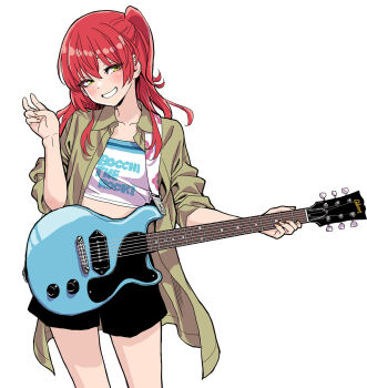 1girl black_shorts blush bocchi_the_rock! brown_shirt clothes_writing collared_shirt commentary_request electric_guitar gibson_les_paul green_eyes grin guitar hair_between_eyes highres holding holding_guitar holding_instrument instrument kita_ikuyo long_hair long_sleeves looking_at_viewer one_side_up open_clothes open_mouth open_shirt oversized_clothes oversized_shirt red_hair shirt shorts simple_background sleeves_rolled_up smile solo standing strapless teeth tube_top v white_background yamashita_shun'ya