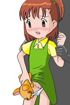 1boy 1girl artist_request blush brown_eyes brown_hair clothes_lift digimon digimon_tamers dress dress_lift flat_chest green_dress hand_puppet holding_another&#039;s_wrist katou_juri loli looking_down open_mouth panties panty_pull ponytail puppet pussy scared shirt short_hair short_sleeves side_ponytail sleeveless sleeveless_dress underwear white_background white_panties yellow_shirt