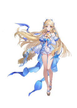 1girl absurdres blue_eyes braid cartethyia_(wuthering_waves) chinese_commentary closed_mouth commentary_request earrings flower full_body hair_ornament hand_on_own_chest hat hat_flower highres holding holding_unworn_clothes holding_unworn_hat jewelry light_smile long_hair looking_at_viewer navel official_art platform_sandals pointy_ears sandals simple_background single_braid solo straight-on straw_hat sun_hat tacet_mark_(wuthering_waves) tachi-e unworn_hat unworn_headwear very_long_hair weil-7 white_background wuthering_waves