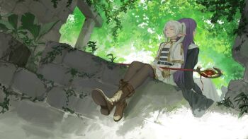 2girls back-to-back belt black_pantyhose boots capelet closed_eyes dress earrings elf fern_(sousou_no_frieren) frieren highres holding holding_staff jewelry long_hair long_sleeves mmi_ryu multiple_girls outdoors pantyhose parted_bangs plant pointy_ears purple_hair shirt sitting skirt sousou_no_frieren staff striped_clothes striped_shirt twintails vines white_capelet white_hair white_skirt