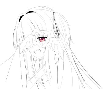 1girl :d absurdres blush criss-cross_halter eyelashes eyes_visible_through_hair four-finger_heart_hands greyscale hair_intakes halterneck hands_up happy heart heart_hands heart_hands_over_eye highres japanese_clothes kimono long_hair long_sleeves monochrome murasame_(senren) one_eye_covered open_mouth red_eyes senren_banka simple_background smile solo straight_hair teeth two_side_up uoouchan upper_body upper_teeth_only white_background wide_sleeves
