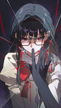 1girl absurdres akemi_homura black_gloves black_hair blood bow bowtie broken_mirror chinese_commentary commentary_request female_pov glasses gloves highres long_hair mahou_shoujo_madoka_magica mahou_shoujo_madoka_magica_(anime) mirror pov pov_hands purple_eyes red_bow red_bowtie solo sylvia_(huajiuhuajiu) very_long_hair