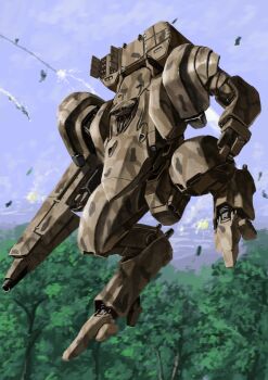 blue_sky camouflage falling forest gun highres holding holding_gun holding_weapon mecha military missile_pod nature no_humans original reverse-jointed_legs robot science_fiction sky tyokugekidato weapon woodland_camouflage