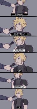 armor bilingual_text blonde_hair blue_eyes cloud_strife english_text final_fantasy final_fantasy_vii final_fantasy_vii_remake furrowed_brow gag grey_background grey_shirt hair_between_eyes hao_xiang_yishui_bu_xing highres holding holding_microphone interview long_sleeves male_focus microphone mixed-language_text money out_of_frame shirt short_hair shoulder_armor sleeveless sleeveless_turtleneck spiked_hair subtitled suspenders talking turtleneck upper_body