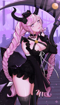 1girl black_choker black_dress black_gloves black_horns black_nails black_thighhighs braid breasts choker cleavage collarbone crown dress fingerless_gloves gloves hair_ornament highres holding holding_scythe horns index_finger_raised large_breasts long_hair long_sleeves looking_at_viewer master_detective_archives:_rain_code multicolored_hair nail_polish pink_eyes pink_hair purple_eyes scythe shari_cote shinigami_(rain_code) shiny_skin smile stairs thighhighs twin_braids