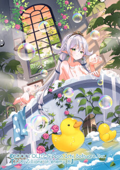 07touka25 1girl bathing bathroom bathtub breasts earrings green_eyes grey_hair highres jewelry long_hair medium_breasts nude partially_submerged pointy_ears rubber_duck soap_bubbles solo tiara water window z/x