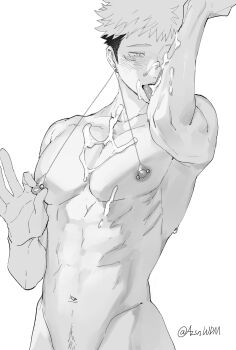 1boy abs blush completely_nude cum cum_on_body cum_on_chest facial greyscale highres itadori_yuuji jujutsu_kaisen large_pectorals licking licking_cum male_focus mawaru_(ajan) monochrome navel navel_hair nipple_bar nipple_chain nipple_piercing nipple_stimulation nude pectorals piercing short_hair simple_background solo standing tongue tongue_out undercut white_background yaoi
