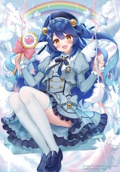 1girl akabane_(zebrasmise) amamiya_kokoro bell beret blue_hair blush bow bowtie cloud commentary_request feathers frilled_skirt frills hair_ornament hat highres hime_cut holding holding_wand long_hair magical_girl nijisanji official_art rainbow shoes skirt sky smile swing thighhighs virtual_youtuber wand white_thighhighs wings wixoss yellow_eyes
