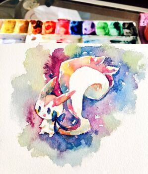 Rule 34 | alternate color, animal focus, art tools in frame, blue eyes, blue ribbon, full body, gen 4 pokemon, nintendo, no humans, non (kumakawayusu), open mouth, pachirisu, painting (medium), photo (medium), pokemon, pokemon (creature), ribbon, shiny pokemon, solo, traditional media, watercolor (medium)