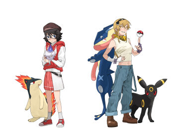 2girls absurdres alternate_costume asymmetrical_gloves black_gloves black_hair black_headband blonde_hair blue_eyes chinese_commentary commentary crossover denim fingerless_gloves gen_2_pokemon gen_5_pokemon gen_6_pokemon glasses gloves greninja grin hand_on_own_hip hat headband highres jeans jiguang_haibao koishikawa_iko litwick long_sleeves looking_at_viewer momijiyama_teru multiple_girls navel nintendo pants poke_ball poke_ball_(basic) pokemon quilava red_vest scar scar_across_eyebrow scar_on_face scarf shirt short_hair shy_(series) simple_background skirt sleeveless smile socks teeth umbreon vest white_background white_gloves white_shirt white_skirt yellow_eyes yellow_scarf