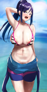 Rule 34 | 1girl, areola slip, arm behind head, arm up, armpits, bare shoulders, blue hair, blurry, blurry background, blush, breasts, cleavage, cloud, covered erect nipples, ern rkgk, highres, large breasts, long hair, looking at viewer, love live!, love live! sunshine!!, matsuura kanan, navel, ocean, open mouth, outdoors, pubic hair, pubic hair peek, purple eyes, sky, smile, solo, standing, water, wet