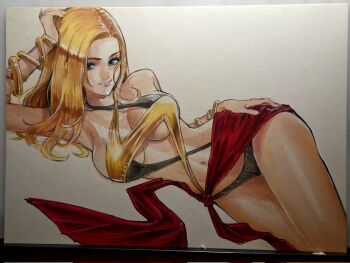 Rule 34 | 1girl, animification, blonde hair, blue eyes, breasts, carol danvers, commentary, english commentary, highres, large breasts, long hair, looking at viewer, marvel, ms. marvel, ms. marvel (series), navel, rodrigo yoshimiya, smile, swimsuit