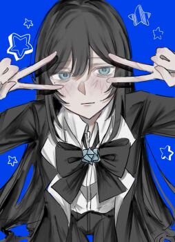 1girl ado_(utaite) black_bow black_bowtie black_coat black_hair black_pants blue_background blue_eyes bow bowtie chando_(ado) closed_mouth coat commentary double_v highres long_hair looking_at_viewer mole mole_under_eye pants pipipi_co_co shirt solo symbol-only_commentary utaite v v_over_eye white_shirt