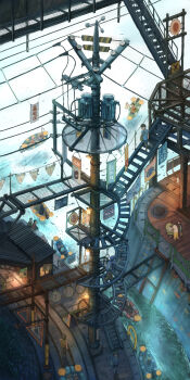 Rule 34 | boat, canal, commentary request, day, highres, original, outdoors, people, power lines, scenery, slice of life, spiral staircase, stairs, user tswx7328, utility pole, walking, watercraft