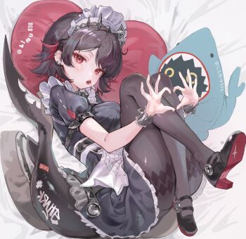 1girl apron black_dress black_hair black_pantyhose black_shoes dress four-finger_heart_hands frilled_dress frills full_body hair_intakes hashtag-only_commentary heart heart_hands highres jane_doe_(zenless_zone_zero) limu838 lollipop_in_mouth looking_at_viewer maid maid_headdress pantyhose red_eyes sharp_tail shoes short_hair short_sleeves solo twitter_username white_apron zenless_zone_zero
