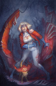 Rule 34 | 1girl, absurdres, blonde hair, blue boots, blue gloves, bodysuit, boots, breasts, cape, cat, cleavage, cleavage cutout, clothing cutout, comic cover, commentary, dc comics, english commentary, gloves, highleg, highleg leotard, highres, leotard, logo print, meghan hetrick, official art, power girl, red cape, scared, short hair, sleeved leotard, smoke, solo, spandex, streaky the supercat, superhero costume, superman (series), superman logo, textless version, torn clothes, western comics (style), white bodysuit, white leotard, wreckage