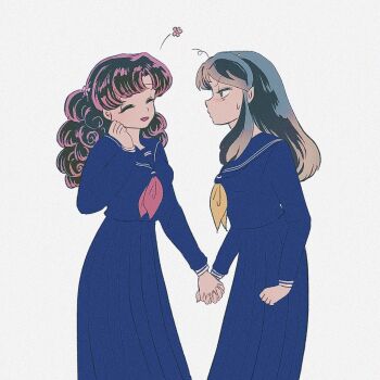 2girls blue_skirt bow closed_eyes commentary cone_horns cowboy_shot flower_symbol gradient_hair green_eyes green_hair hair_bow half-closed_eyes holding_hands horns layered_skirt long_hair long_skirt long_sleeves lum multicolored_hair multiple_girls neckerchief open_mouth pink_hair profile ran_(urusei_yatsura) red_neckerchief remi55865108 school_uniform serafuku simple_background skirt smile standing sweatdrop urusei_yatsura white_background yellow_neckerchief