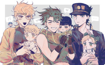 ... 1girl 6+boys black_hair black_nails blonde_hair braid bun_with_braided_base carrying chain chibi chibi_inset commentary_request diamond_wa_kudakenai dio_brando double_bun earrings fangs father_and_son fingerless_gloves gakuran giorno_giovanna gloves green_hair green_headband grin hair_bun hat headband higashikata_josuke highres hyeon_0613 jewelry jojo_no_kimyou_na_bouken jonathan_joestar joseph_joestar joseph_joestar_(young) korean_commentary kuujou_jolyne kuujou_joutarou multicolored_hair multiple_boys pompadour scarf school_uniform shared_clothes shared_scarf single_braid smile spoken_ellipsis stardust_crusaders stone_ocean striped_clothes striped_scarf suspenders thumb_sucking two-tone_hair vento_aureo yellow_eyes