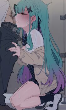 1boy 1girl black_skirt black_socks blush bow bowtie braid breasts breasts_out butterfly_hair_ornament censored closed_eyes collared_shirt deepthroat dress_shirt fellatio full_body gradient_hair green_hair hair_ornament hetero highres hololive jacket kakure_eria kneehighs kneeling loli long_hair long_sleeves mosaic_censoring multicolored_hair nipples off_shoulder open_clothes open_jacket open_shirt oral penis plaid_clothes plaid_skirt shirt shoes sidelocks skirt small_breasts socks squatting uruha_rushia uruha_rushia_(school_uniform) uwabaki virtual_youtuber white_shirt