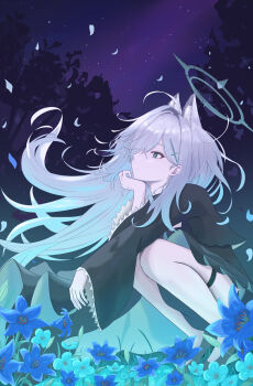 1girl absurdres ahoge animal_ear_fluff animal_ears aqua_eyes black_dress black_shoes blue_archive blue_flower bright_pupils broken_halo closed_mouth commentary cross_hair_ornament dress expressionless extra_ears field floating_hair flower flower_field frilled_sleeves frills from_side full_body grey_hair grey_halo hair_behind_ear hair_intakes hair_ornament hair_over_one_eye halo hand_on_own_chin hand_up highres kuronagasu_ir long_hair long_sleeves night nose one_eye_covered outdoors profile shiroko_terror_(blue_archive) shoes solo squatting thigh_strap very_long_hair white_pupils wide_sleeves wind wolf_ears wolf_girl