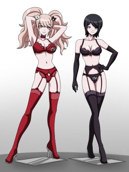 2girls absurdres armpits arms_up bear_hair_ornament black_bra black_footwear black_garter_belt black_hair black_legwear black_panties blonde_hair bra breasts choker cleavage collarbone danganronpa:_trigger_happy_havoc danganronpa_(series) electrickronos enoshima_junko freckles full_body garter_belt garter_straps grey_background grey_eyes hair_ornament hand_on_own_hip hand_up hands_behind high_heels highres ikusaba_mukuro large_breasts lingerie logo long_hair looking_at_viewer medium_hair multiple_girls navel own_hands_clasped panties red_bra red_choker red_footwear red_garter_belt red_legwear red_panties siblings simple_background sisters smile standing thighhighs twins twintails underwear white_background