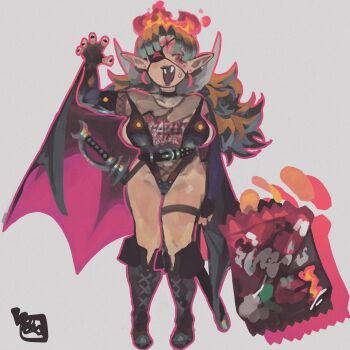 Rule 34 | 1girl, alternate species, bag of chips, belt, black belt, black boots, black cape, black gloves, black leotard, black lips, black nails, black slingshot swimsuit, blush, boots, breasts, cape, chips (food), claw pose, commentary, crescent, crescent earrings, curtained hair, earrings, elbow gloves, english commentary, eyepatch, eyeshadow, facial mark, fangs, fiery hair, fingerless gloves, fingernails, fire, food, forehead mark, freckles, full body, garlic (keziedra), gloves, green hair, halloween costume, hand up, high collar, highres, jewelry, keziedra, large breasts, leotard, lipstick, long hair, long pointy ears, makeup, nail polish, no sclera, open mouth, original, outline, parted bangs, plunging neckline, pointy ears, potato chips, purple eyeshadow, red cape, red eyes, red outline, scabbard, sheath, sheathed, sideboob, slingshot swimsuit, smile, solo, star (symbol), star facial mark, sweatdrop, swimsuit, sword, two-sided cape, two-sided fabric, vampire, weapon